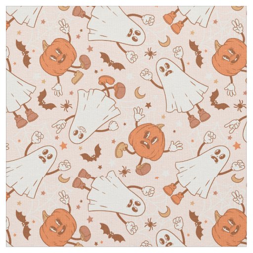 Fun Retro Ghost & Jack-O-Lantern Pattern Fabric