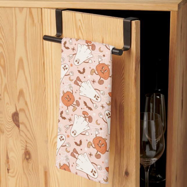 Fun Retro Ghost & Jack-O-Lantern Pattern Kitchen Towel (Thirds Fold)