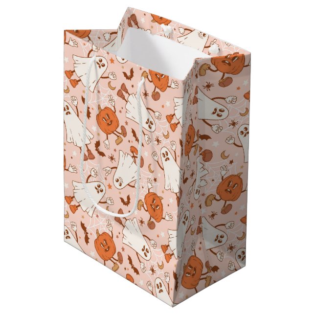 Fun Retro Ghost & Jack-O-Lantern Pattern Medium Gift Bag (Front Angled)
