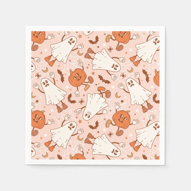 Fun Retro Ghost & Jack-O-Lantern Pattern Napkins (Front)