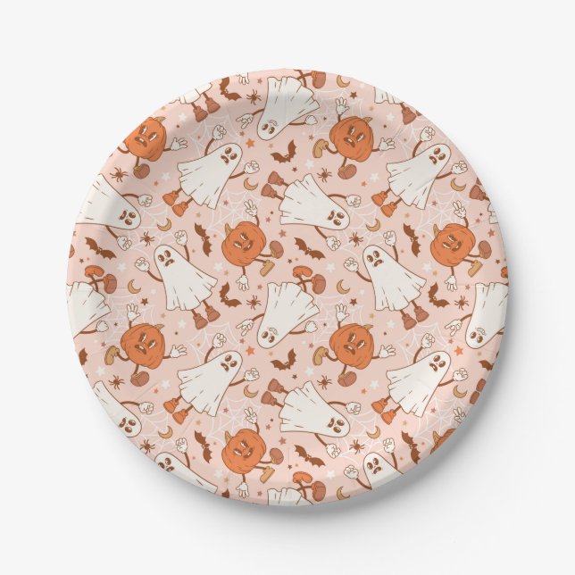 Fun Retro Ghost & Jack-O-Lantern Pattern Paper Plates (Front)