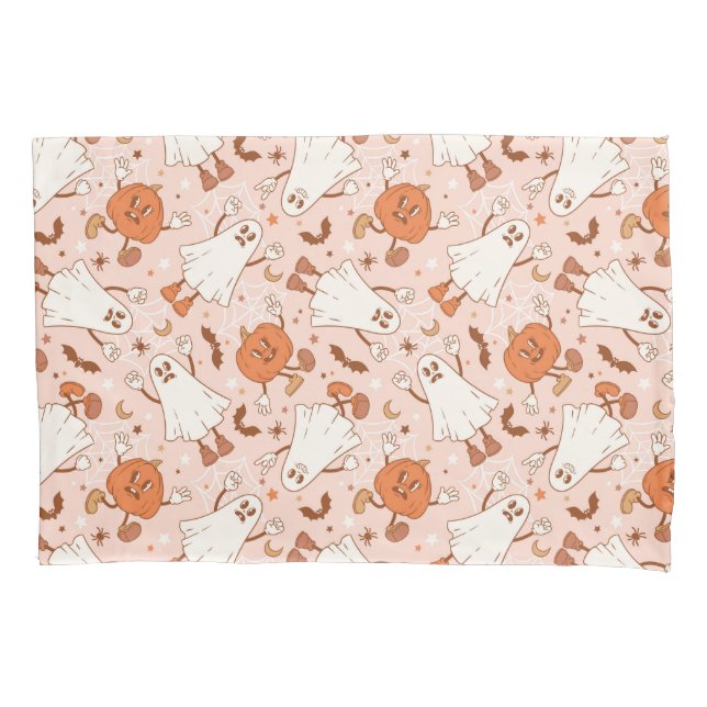 Fun Retro Ghost & Jack-O-Lantern Pattern Pillow Case (Front)