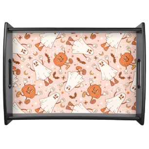 Fun Retro Ghost & Jack-O-Lantern Pattern Serving Tray