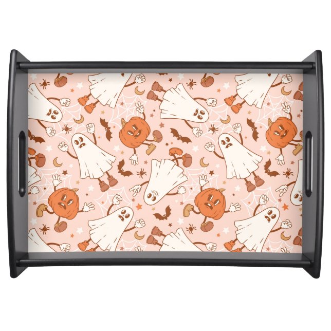 Fun Retro Ghost & Jack-O-Lantern Pattern Serving Tray (Front)