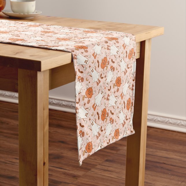 Fun Retro Ghost & Jack-O-Lantern Pattern Short Table Runner (In Situ)