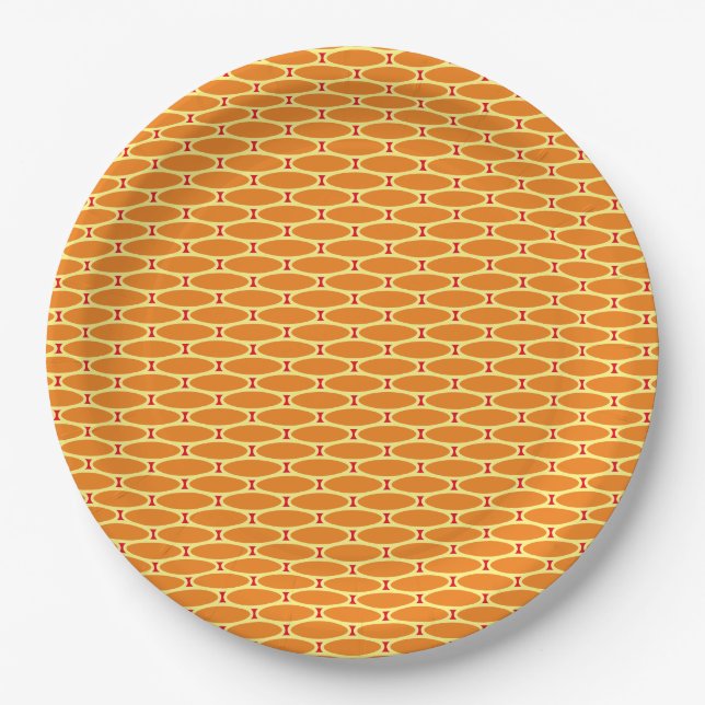 Fun Retro Golden Orange Tiled Geometric Pattern Paper Plates (Front)