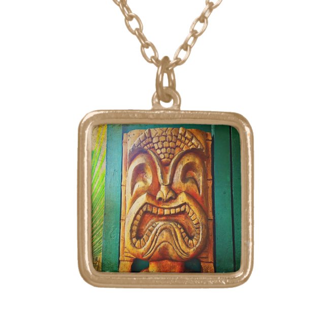 Fun Retro Hawaiian Wood Carving Tiki Face Photo Gold Plated Necklace (Front)