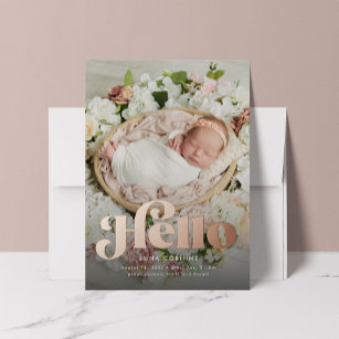 Fun retro hello rose gold photo birth announcement