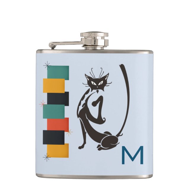 Fun Retro Kitty Monogram Mid Century Cat Flask (Front)