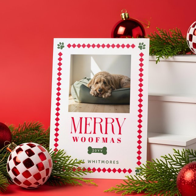 Fun Retro Merry Woofmas Checkered Dog Paw Print Letterpress Photo Cards (Fun Retro Merry Woofmas Checkered Dog Paw Print Letterpress Photo Cards)
