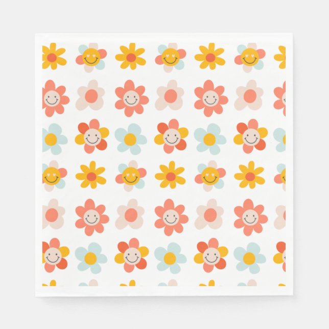 Fun retro Modern hippie flower faces  Napkins (Front)