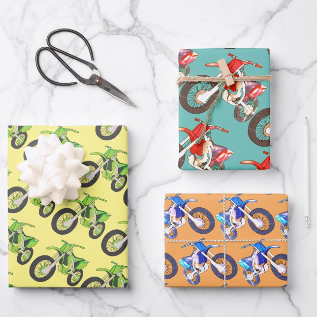 Fun Retro Motorcycle Green, Red, Blue Dirt Bikes Wrapping Paper Sheets (Front)