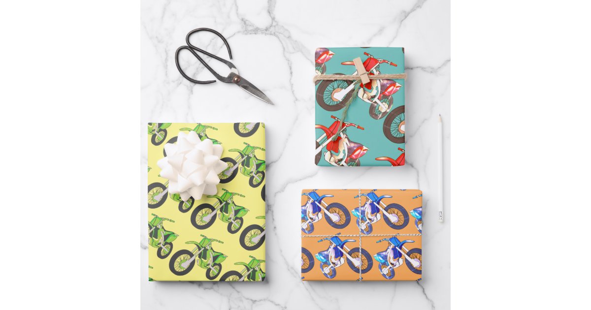 Fun Retro Motorcyclesm Green, Red, Blue Dirt Bikes Wrapping Paper