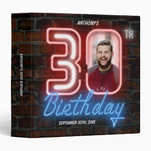 Fun Retro Neon Sign 30th Birthday Custom Photo 3 Ring Binder