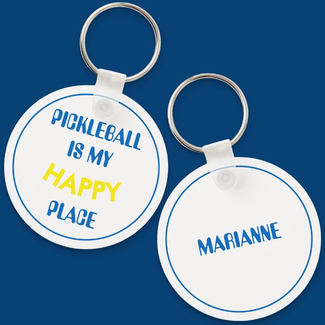 Fun Retro Pickleball Is My Happy Place Keychain (Blue Pickleball Keyring)