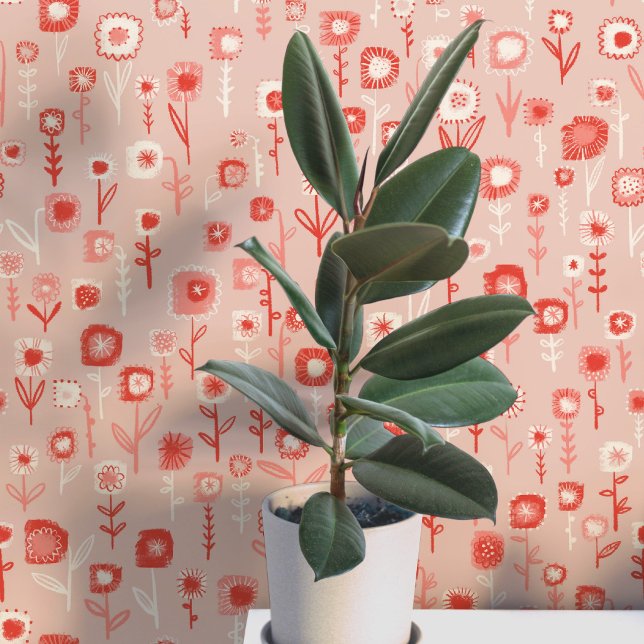 Fun Retro Pink Floral Pattern Wallpaper (Retro pink floral ditsy fun peel and stick wallpaper)