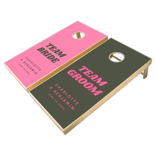 Fun Retro Pink Green Bride Groom Wedding Custom Cornhole Set