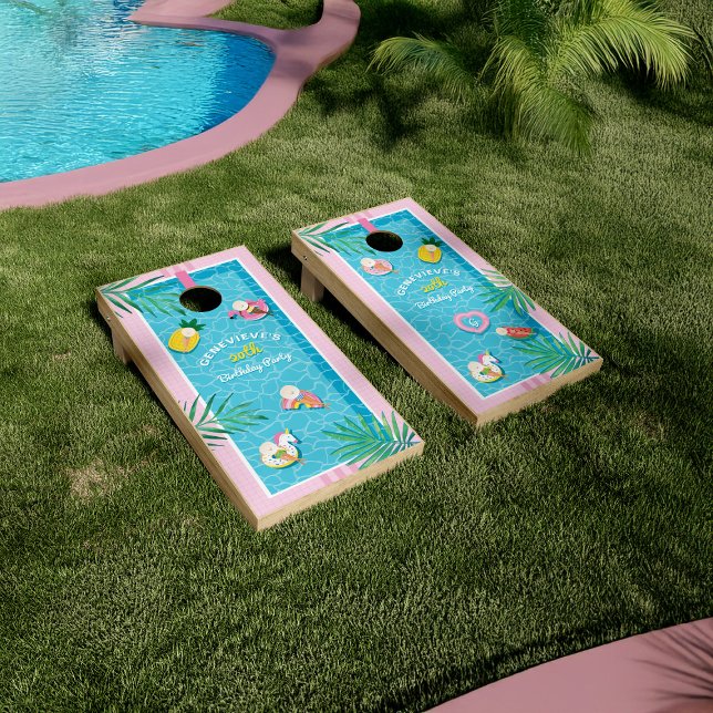 Fun Retro Pink Tropical Summer Pool Party Birthday Cornhole Set (Fun Retro Pink Tropical Summer Pool Party Birthday Cornhole Set)