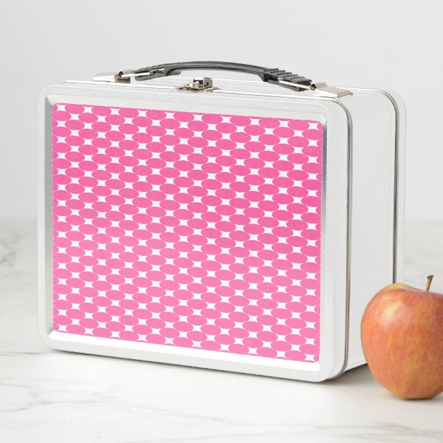 Fun Retro Pink White Geometric Starbursts Pattern Metal Lunch Box (In Situ)