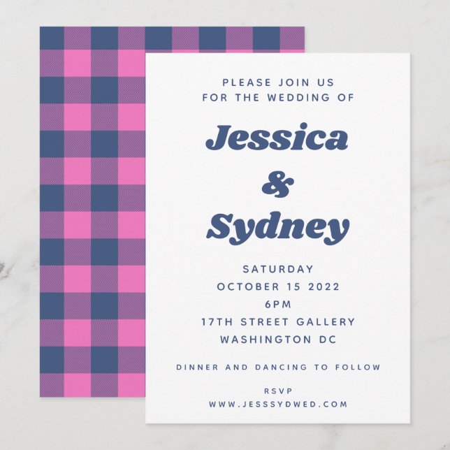 Fun Retro Plaid Checkered Purple and Blue Wedding Invitation (Front/Back)