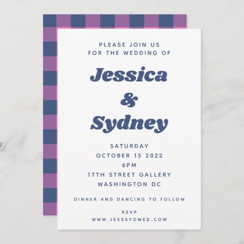 Fun Retro Plaid Checkered Purple and Blue Wedding Invitation