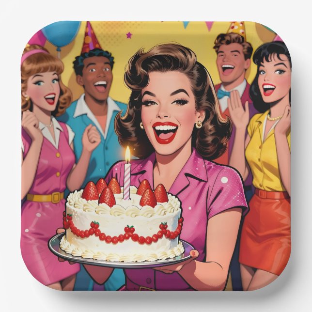 Fun Retro Pop Art Comic Mid-Century Birthday Paper Plates (Front)