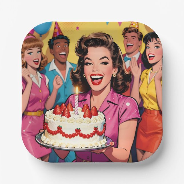 Fun Retro Pop Art Comic Mid-Century Birthday Paper Plates (Front)