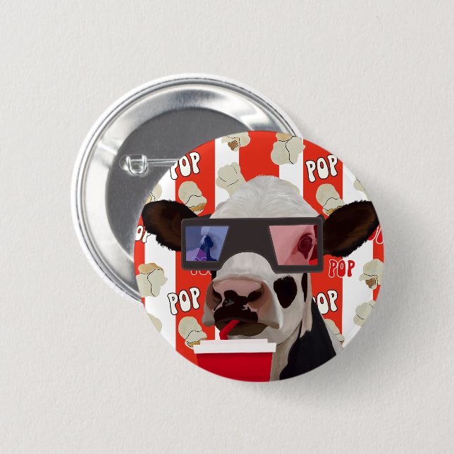 Fun Retro Popcorn Whimsical Cow - Red Stripes Button (Front & Back)