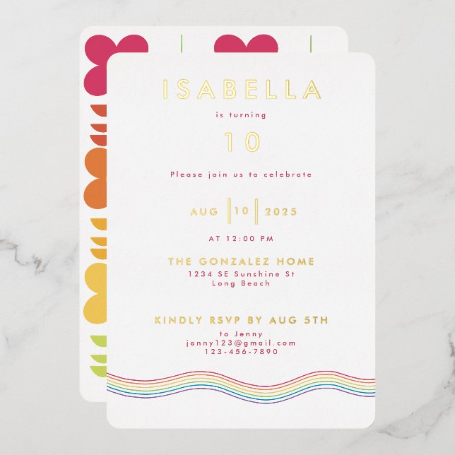 Fun Retro Rainbow Flower Birthday Party Foil Invitation (Front/Back)