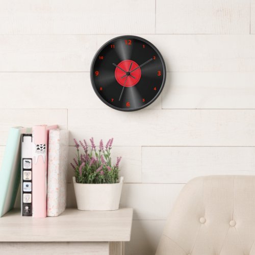 Fun Retro Record Album Red  Black Large Clock