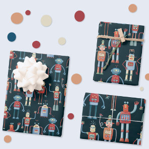 Fun Retro Robot Cute Dark Wrapping Paper Sheets