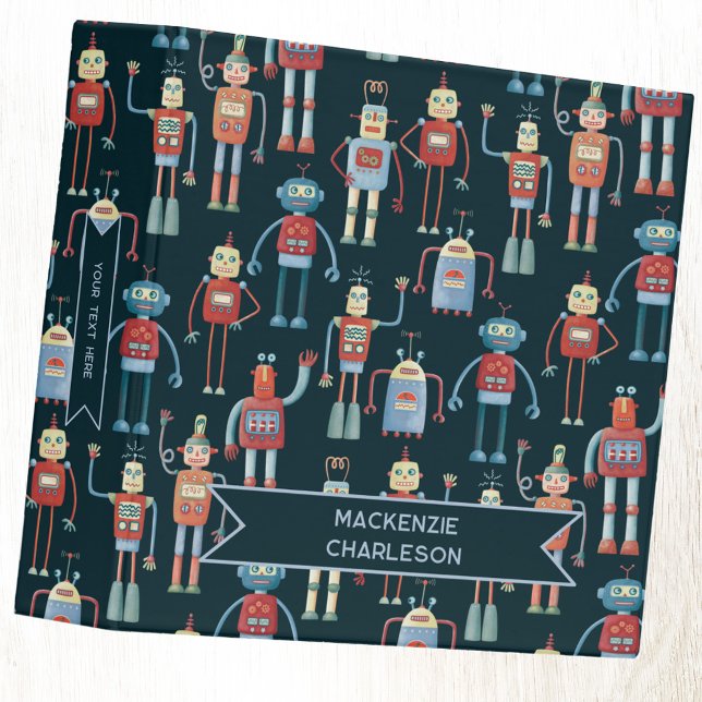 Fun Retro Robot Personalized Name Text 3 Ring Binder (Fun personalized name and text retro robot 3 ring binder)