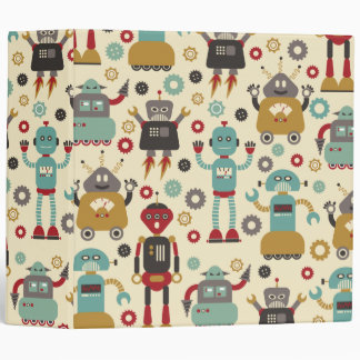Fun Retro Robots Illustrated Pattern (Cream) 3 Ring Binder