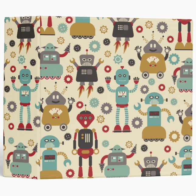 Fun Retro Robots Illustrated Pattern (Cream) 3 Ring Binder (Front/Spine)