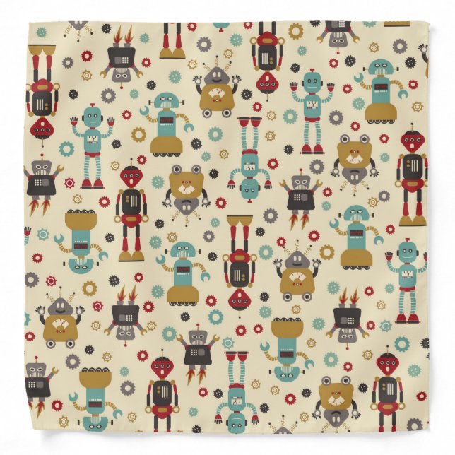 Fun Retro Robots Illustrated Pattern (Cream) Bandana (Front)