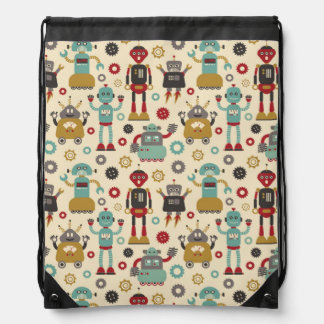 Fun Retro Robots Illustrated Pattern (Cream) Drawstring Bag
