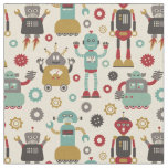 Fun Retro Robots Illustrated Pattern (Cream) Fabric