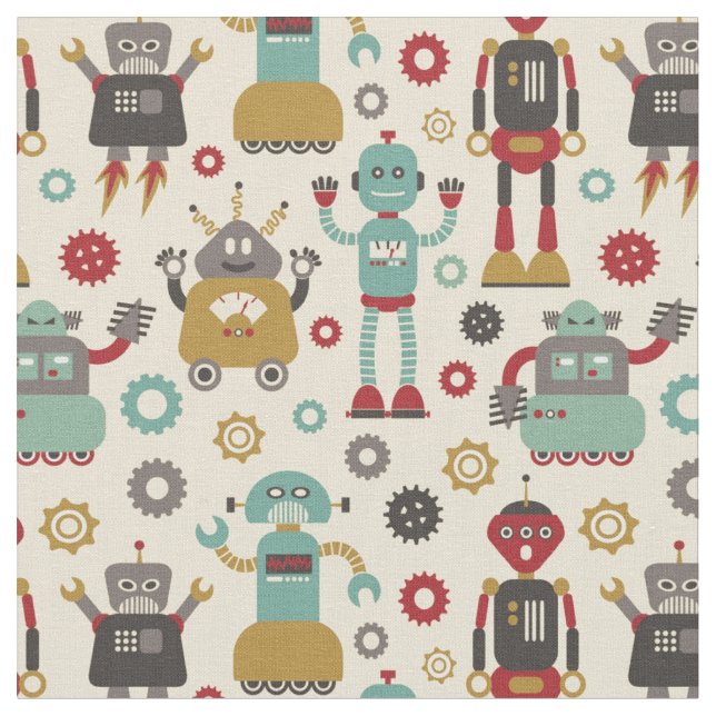 Fun Retro Robots Illustrated Pattern (Cream) Fabric (Close Up)