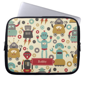 Fun Retro Robots Illustrated Pattern (Cream) Laptop Sleeve