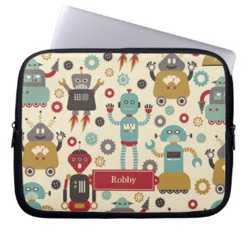 Fun Retro Robots Illustrated Pattern (cream) Laptop Sleeve by funkypatterns at Zazzle
