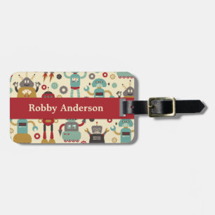 Fun Retro Robots Illustrated Pattern (Cream) Luggage Tag