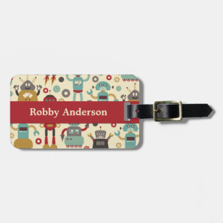 Fun Retro Robots Illustrated Pattern (Cream) Luggage Tag