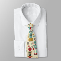 Fun Retro Robots Illustrated Pattern (Cream) Neck Tie