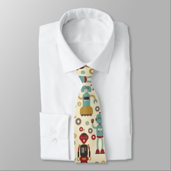 Fun Retro Robots Illustrated Pattern (cream) Neck Tie by funkypatterns at Zazzle