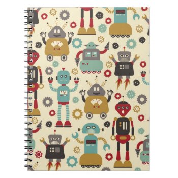Fun Retro Robots Illustrated Pattern (cream) Notebook by funkypatterns at Zazzle