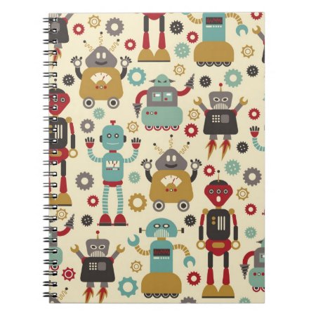 Fun Retro Robots Illustrated Pattern (cream) Notebook