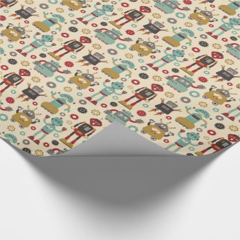 Fun Retro Robots Illustrated Pattern (cream) Wrapping Paper by funkypatterns at Zazzle