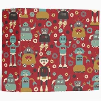 Fun Retro Robots Illustrated Pattern (red) 3 Ring Binder by funkypatterns at Zazzle