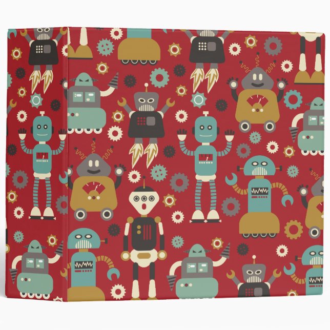 Fun Retro Robots Illustrated Pattern (Red) 3 Ring Binder (Front/Spine)