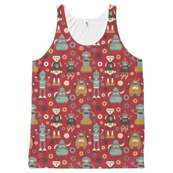 Fun Retro Robots Illustrated Pattern (red) All-over-print Tank Top by funkypatterns at Zazzle